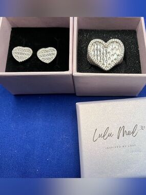 Size 9 Baguette Moissanite Heart Ring with matching Stud Earrings